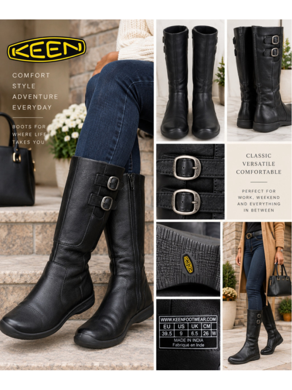 KEEN Women’s Bern Baby Bern Black Leather Tall Boots Buckle Zip Size 9
Descript